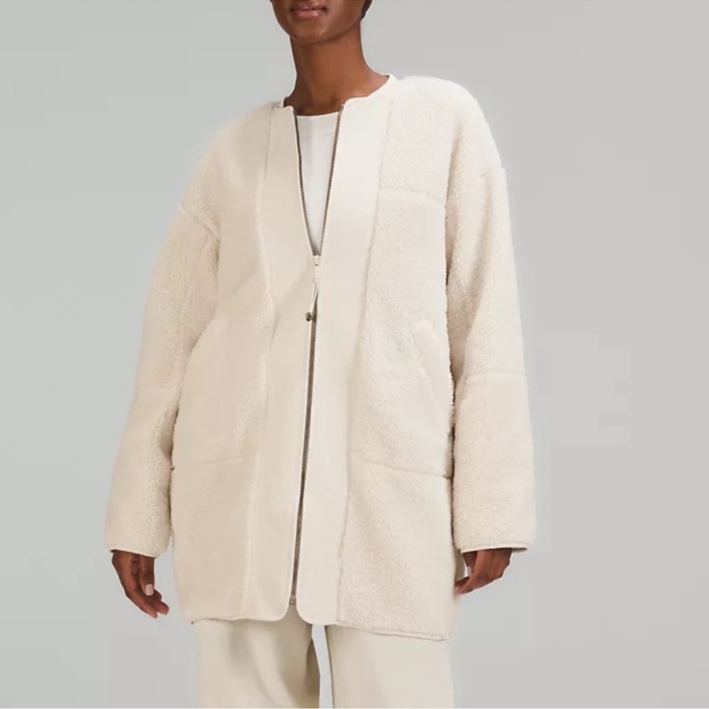 Lululemon White Collarless Textured Fleece Full Zip